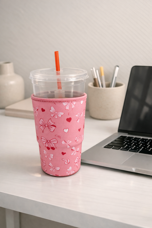 Cup Sleeve - Ribbon/Bows + Cherries + Hearts in Pink (Medium)